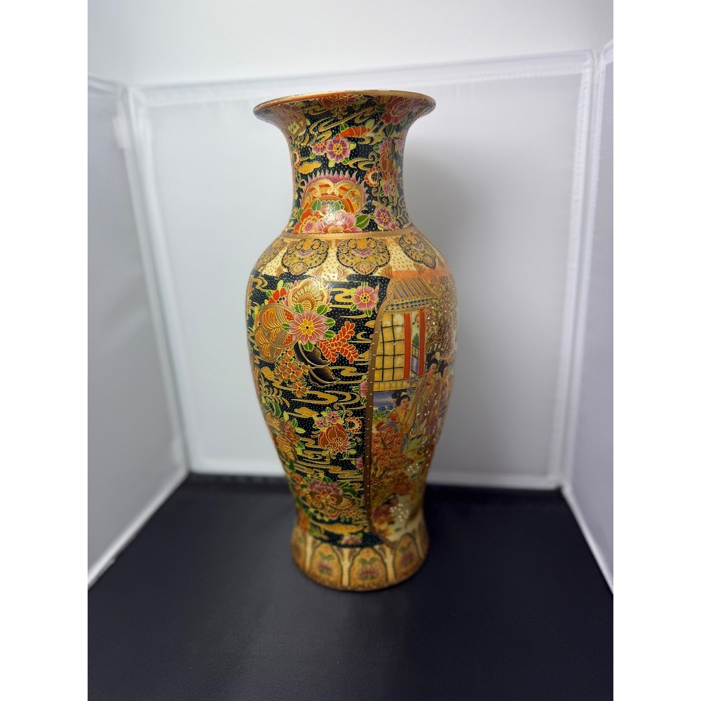 Vintage Chinese‎ Satsuma Vase decorative 14" tall statement vase